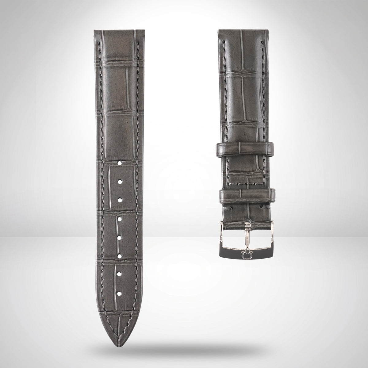 Genuine Omega 19mm Charcoal Grey Calf Grain Alligator Embossed Leather Strap & Steel Pin Buckle 94511802