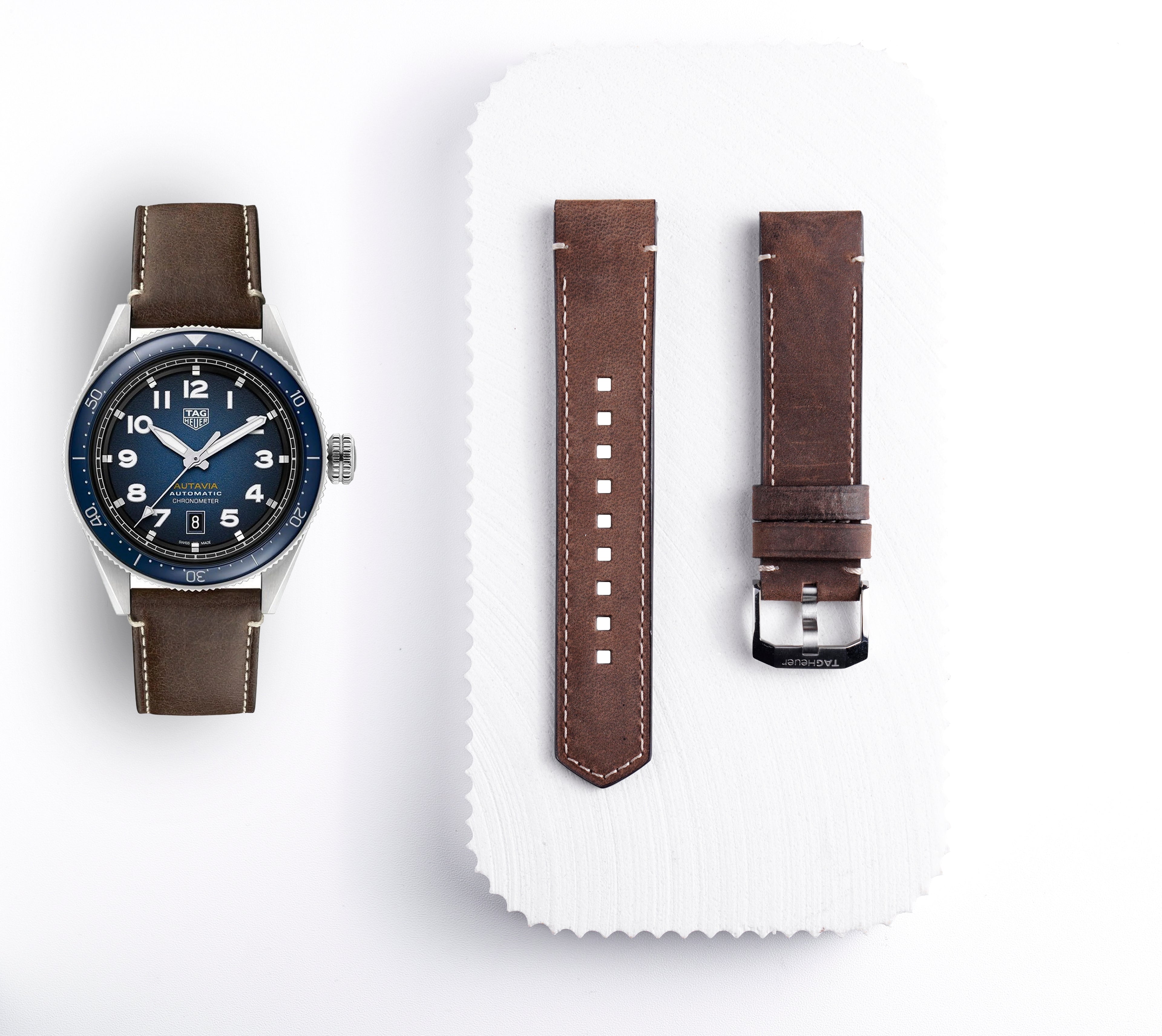 Autavia Dark Chestnut Beige Stitch Calf Strap | 21mm |  WBE5110