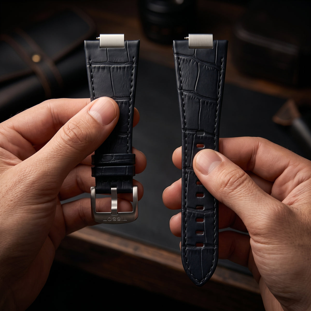 Tissot PRX 40mm Black Alligator-Embossed Leather Strap | Genuine OEM T852047562 / T610047563
