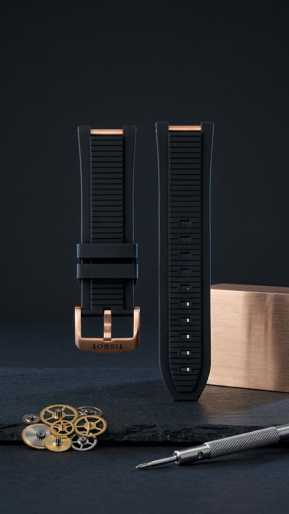 Tissot T-Race 45mm Black Rubber Strap | Rose Gold PVD Hardware | Fits 45mm T-Race | T141.417 / T141417A | OEM T603048543